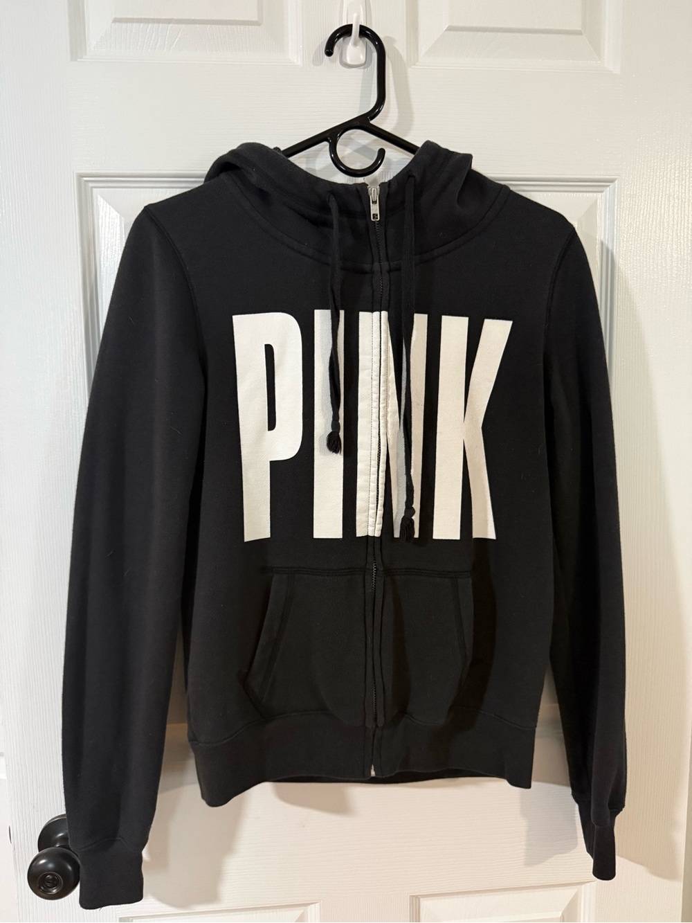 Size XS Victoria's Secret PINK Black Zip-Up Hoodie with White Logo
